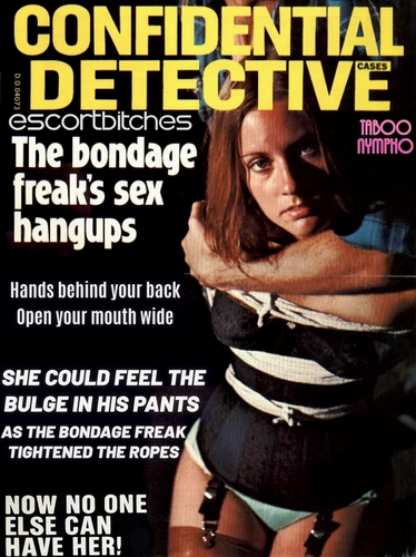 true bondage nympho women snatched tied up hand over mouth gagging call girl tied up sexy basque silk stockings damsel bondage detective magazine covers 1969 to 1985 vintage classics 1970s prostitute tied up in tight rope